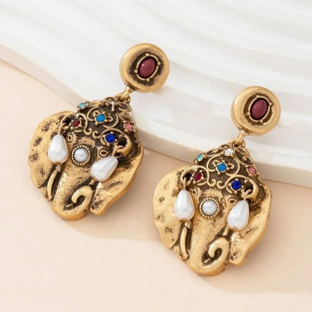 2/$30🌵 Vintage Style Elephant Earrings Gold Colorful Stones Faux Pearl Boho NEW - Picture 4 of 10